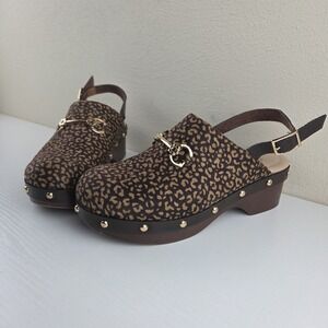 Comfort Brand Leopard Print Charm Studded Buckle Strap Clogs Women's Size 7 M